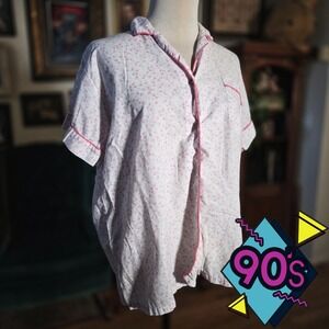 Vintage 90s JILANDRE Womens Pajama Top Floral Button Up Short Sleeve Sleep Shirt